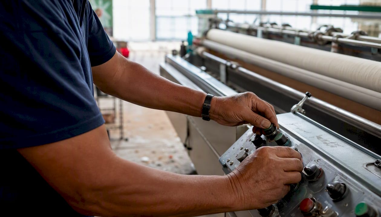 Unas manos regulan los controles de una máquina textil.