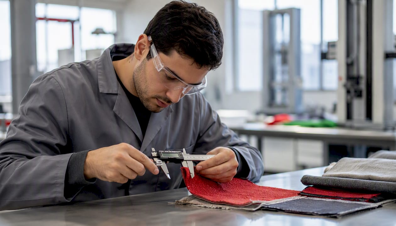 Especialista realizando mediciones en una muestra textil dentro del laboratorio.