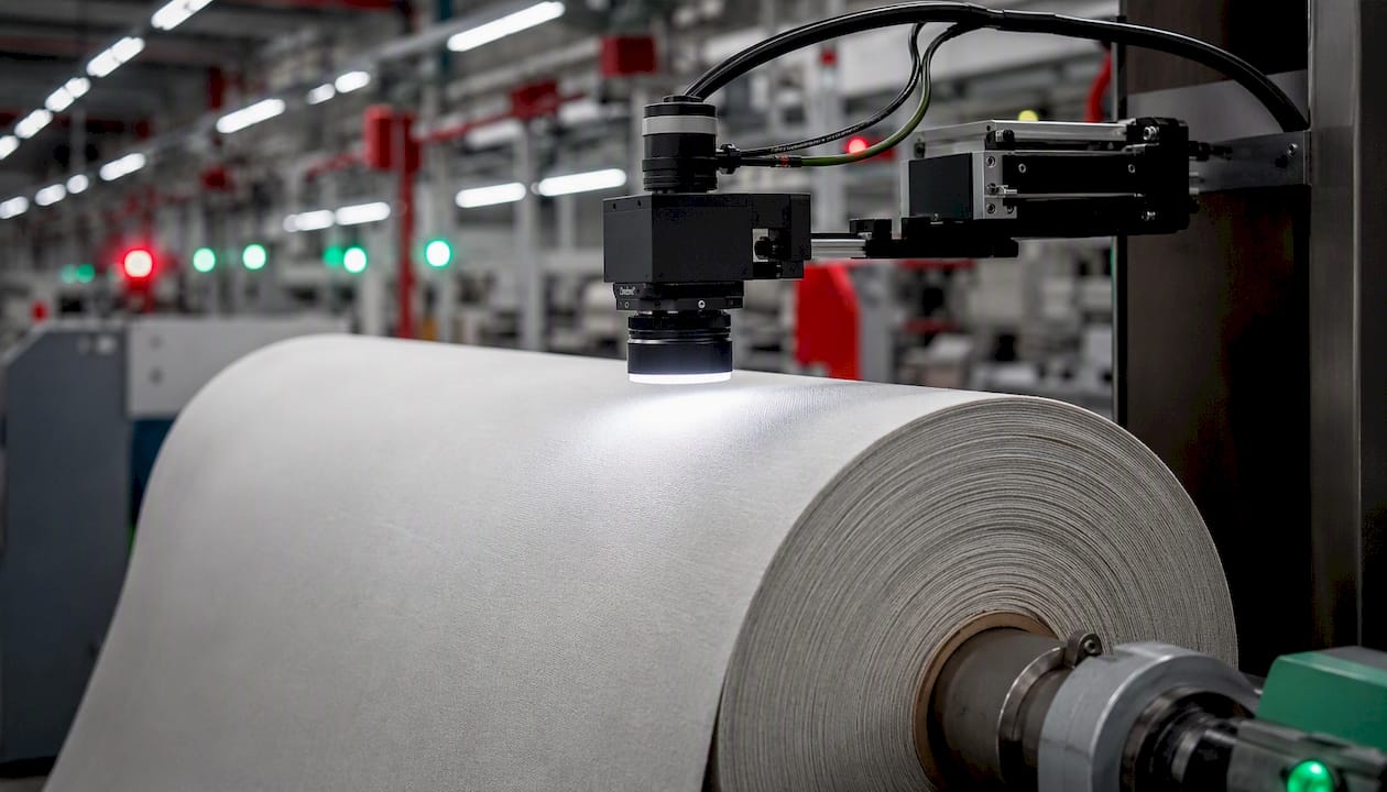 Sistema de cámaras supervisando la calidad de la tela durante el proceso de fabricación textil.