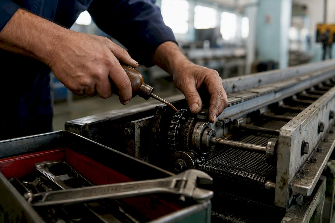 Manos lubricando piezas de una máquina textil