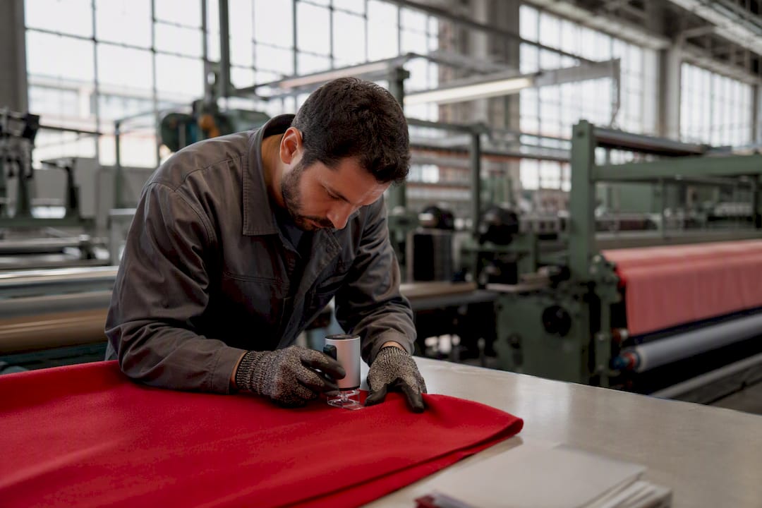 Manos revisando la calidad de las telas en una fábrica textil