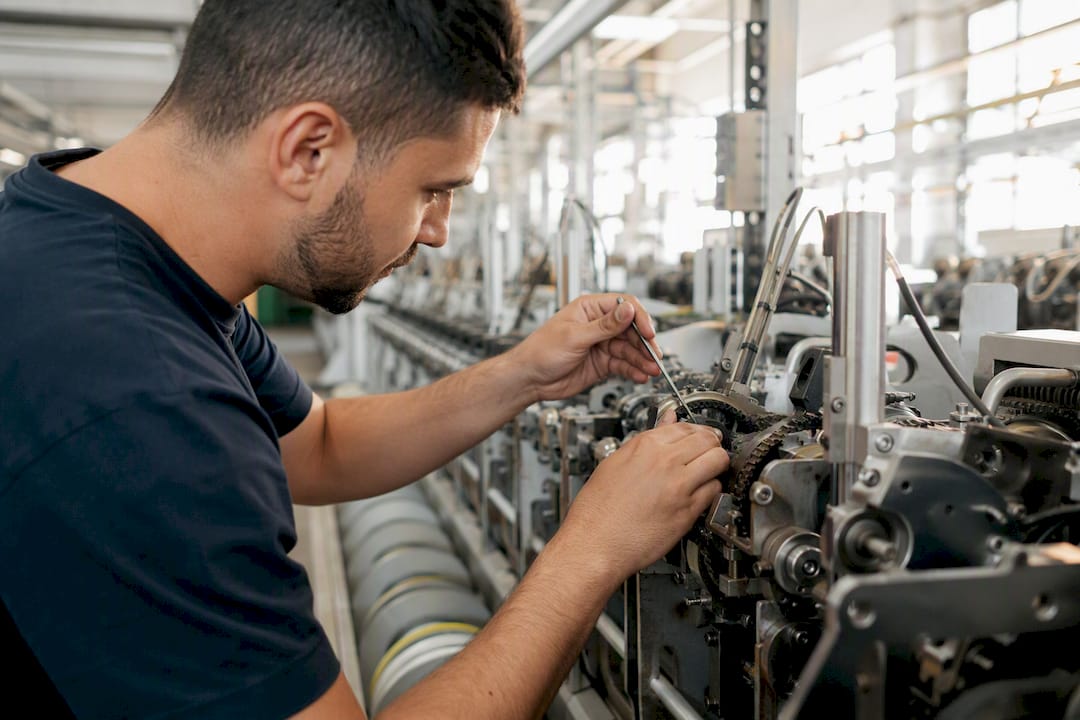 Manos ajustando una pieza de máquina textil