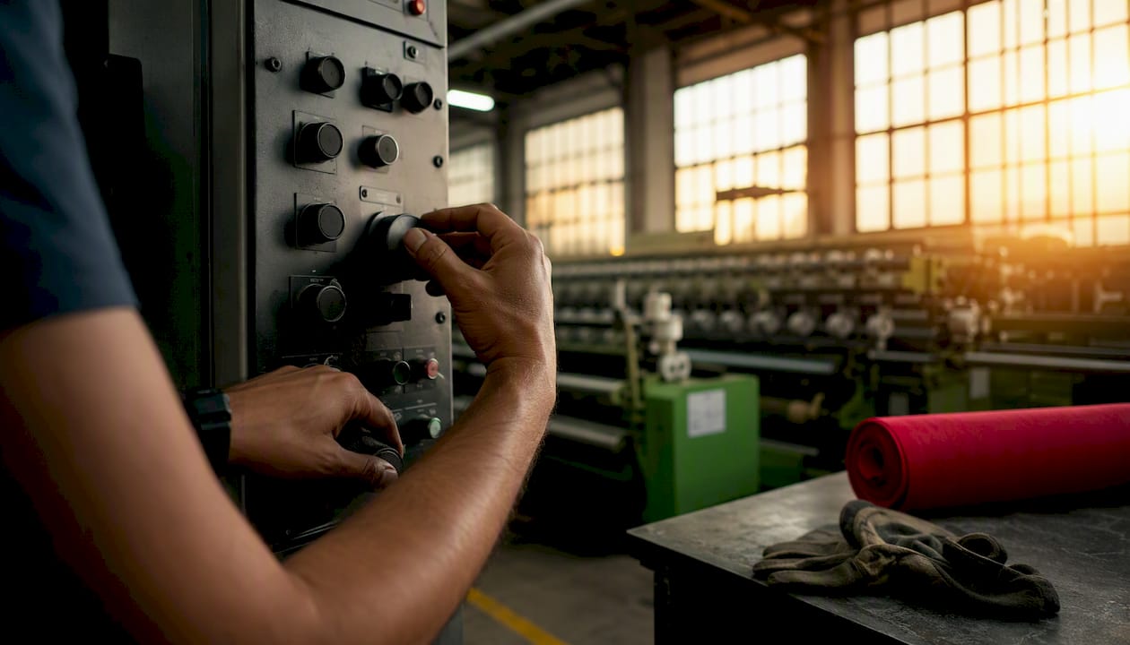 Manos realizando ajustes en un panel SCADA dentro de una fábrica textil