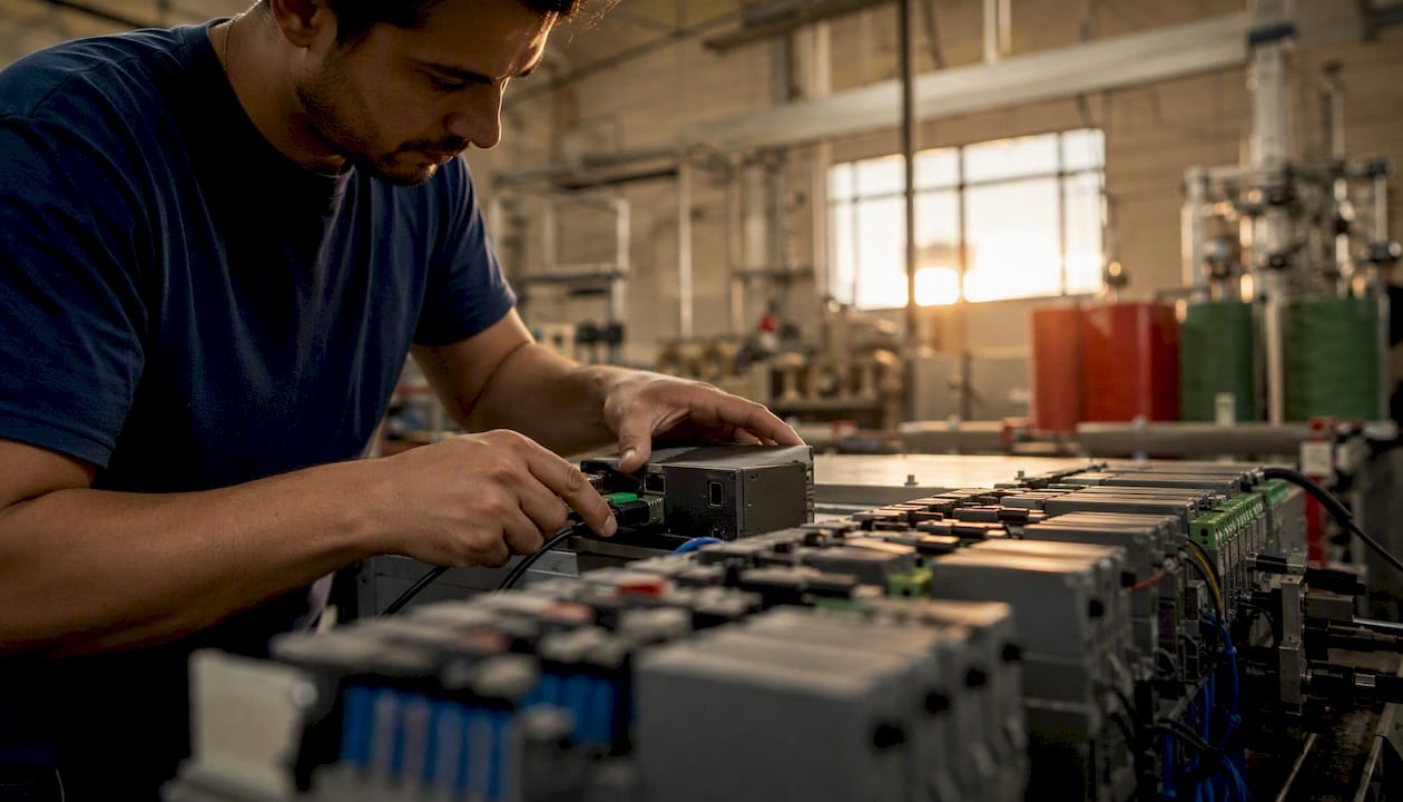 Manos instalando un dispositivo de seguridad en una planta textil