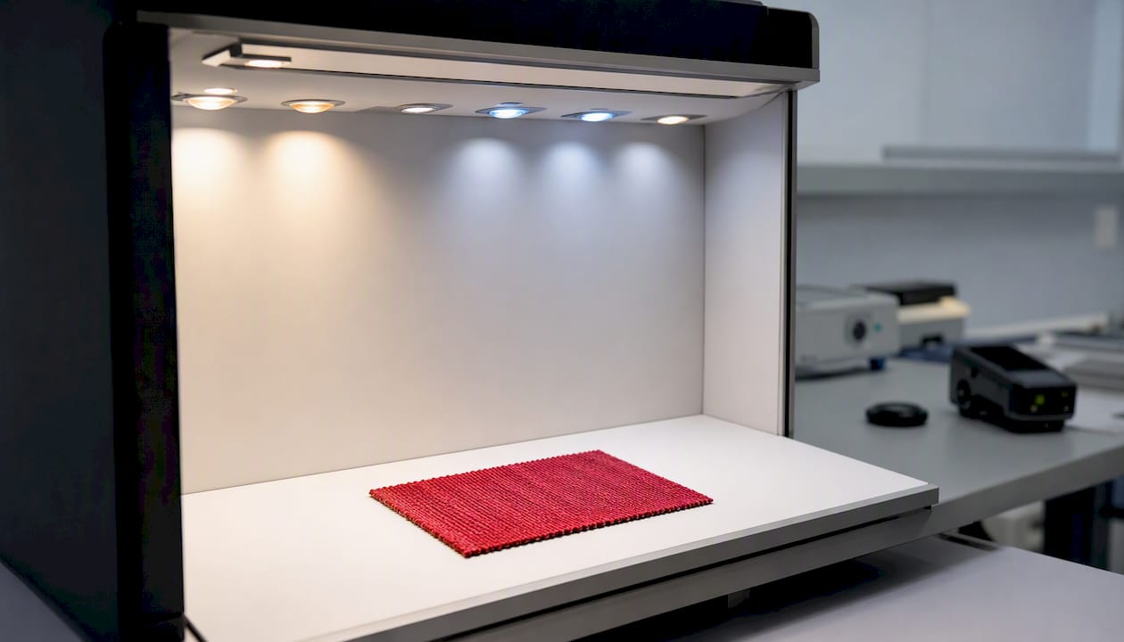 Muestra de tejido evaluada bajo una cabina con varias fuentes de luz